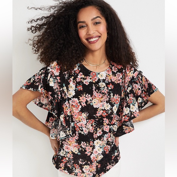 Maurices Tops - Maurices Black Floral Flutter Sleeve Lightweight Blouse Top, Women's 2X